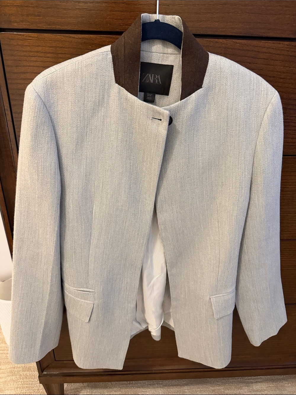 Zara Light Gray Blazer with Brown Stand Collar